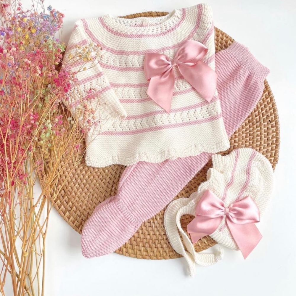 Pink and Cream Baby Knit Set with Bow